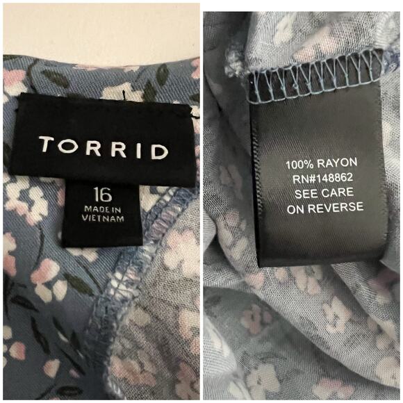 Torrid | Floral Powder Blue White Button V Neck Bell Puff Sleeve Mini Dress 16 - Picture 10 of 11